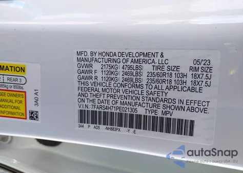 2023 Honda Cr-V Ex-L Awd from USA, damaged, VIN 7FARS4H71PE021305